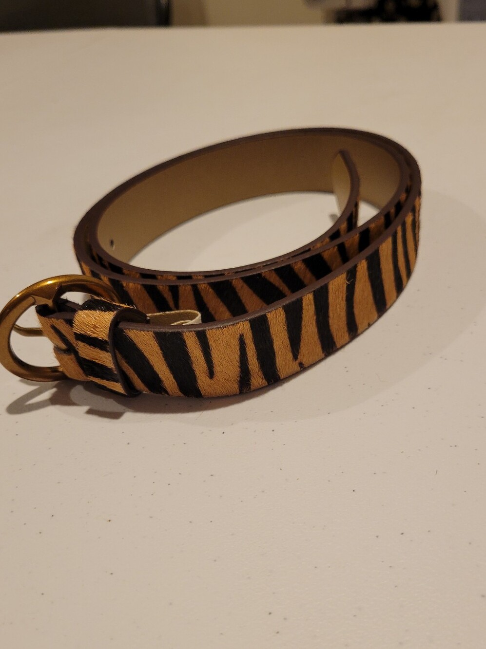 NWOT - Urban Outfitters Tiger-Striped Leather Belt with Gold Buckle - Size M